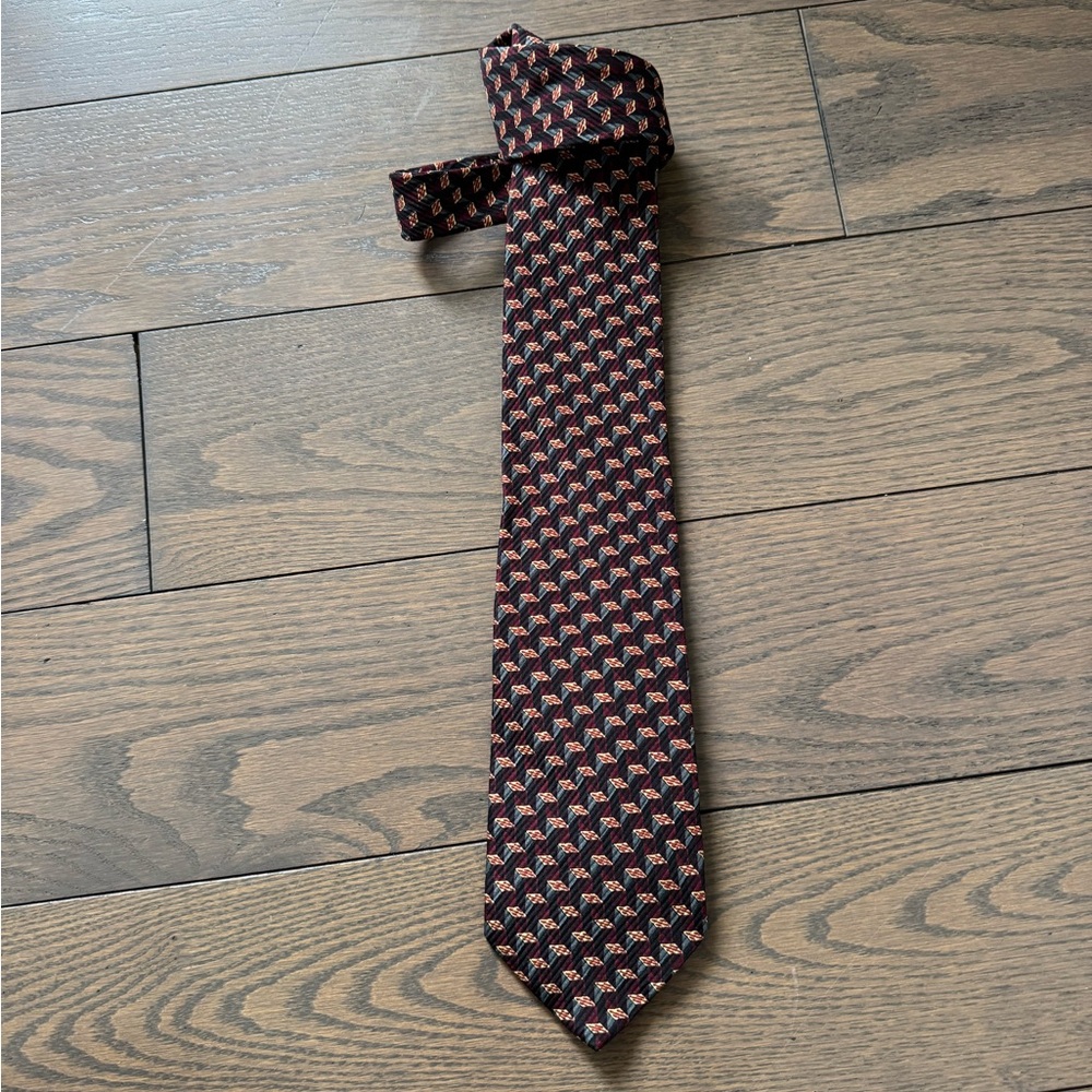 Ermenegildo Zegna Black Tie with Red and Cream Geometric Motif